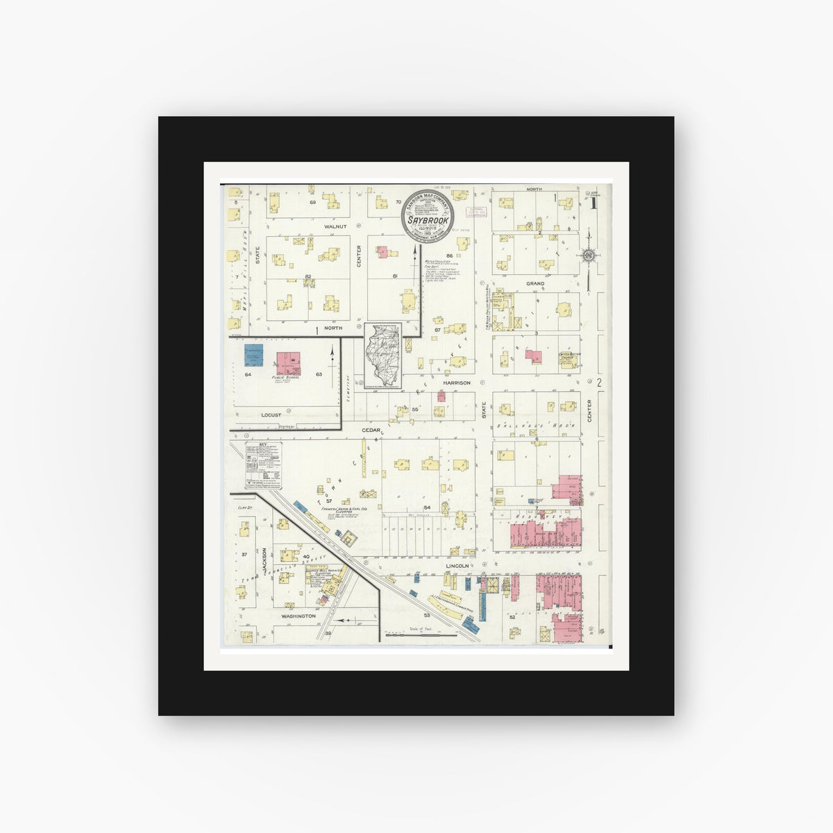 Old map wall art mockup — black gallery frame with white mat — Sanborn Fire Insurance Map from Saybrook, McLean County, Illinois (1913) - Complete Map Set