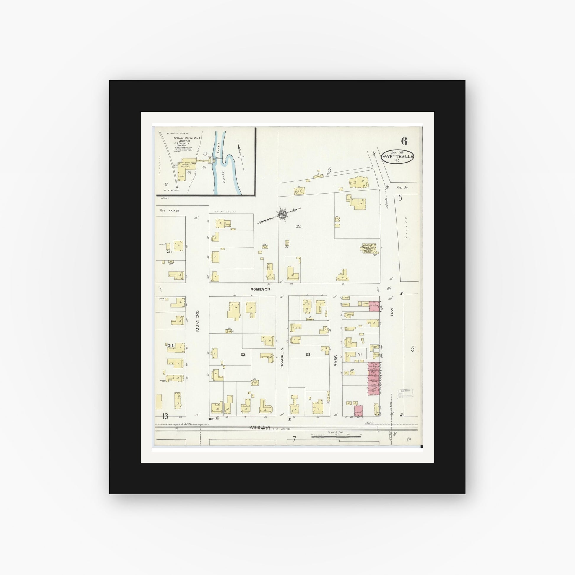 Old map wall art mockup — black gallery frame with white mat — Sanborn Fire Insurance Map from Fayetteville, Cumberland County, North Carolina (1914), Sheet #0006