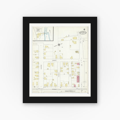 Old map wall art mockup — black gallery frame with white mat — Sanborn Fire Insurance Map from Fayetteville, Cumberland County, North Carolina (1914), Sheet #0006
