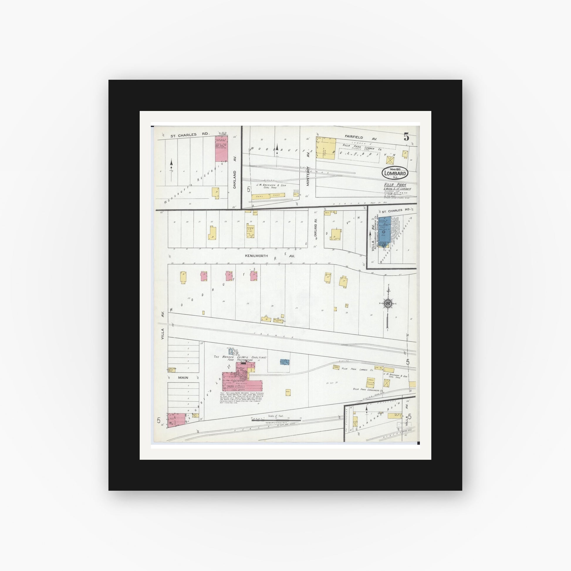 Old map wall art mockup — black gallery frame with white mat — Sanborn Fire Insurance Map from Lombard, Du Page County, Illinois (1919), Sheet #0005