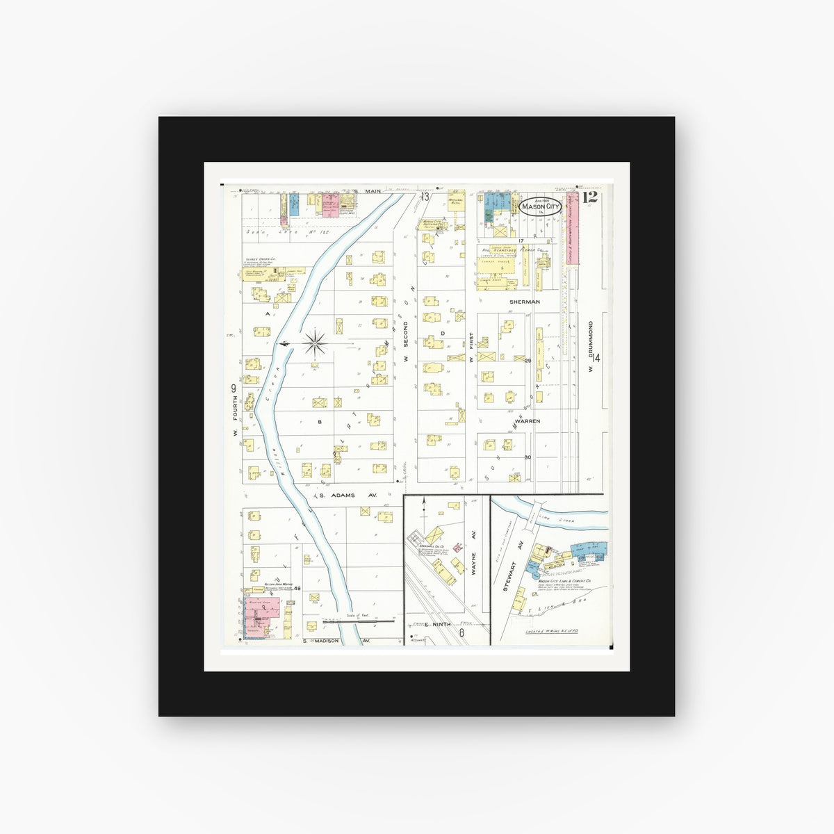 Old map wall art mockup — black gallery frame with white mat — Sanborn Fire Insurance Map from Mason City, Cerro Gordo County, Iowa (1909), Sheet #0012