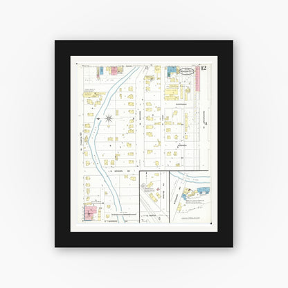 Old map wall art mockup — black gallery frame with white mat — Sanborn Fire Insurance Map from Mason City, Cerro Gordo County, Iowa (1909), Sheet #0012