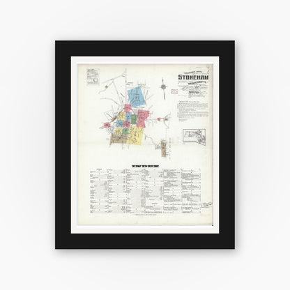 Old map wall art mockup — black gallery frame with white mat — Sanborn Fire Insurance Map from Stoneham, Middlesex County, Massachusetts (1916), Sheet #0001