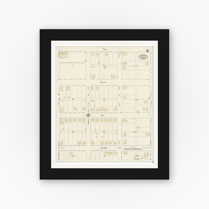 Old map wall art mockup — black gallery frame with white mat — Sanborn Fire Insurance Map from Teague, Freestone County, Texas (1914), Sheet #0009