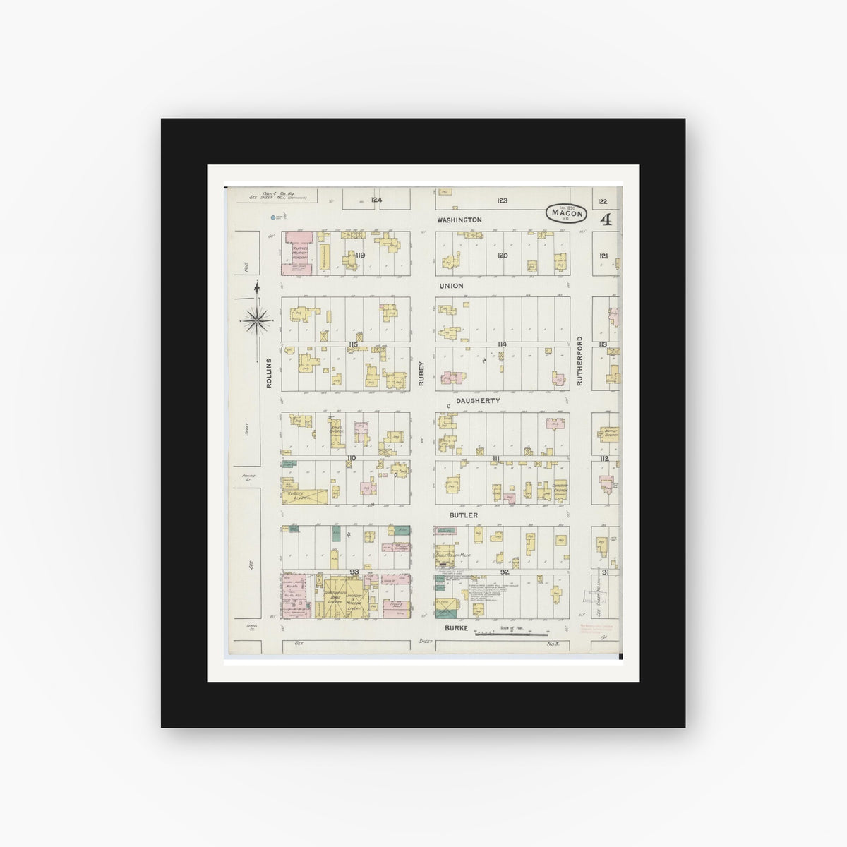 Old map wall art mockup — black gallery frame with white mat — Sanborn Fire Insurance Map from Macon, Macon County, Missouri (1890), Sheet #0004