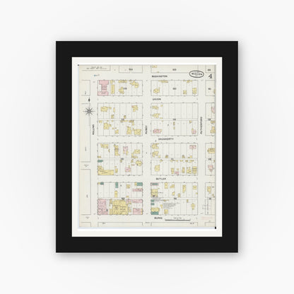 Old map wall art mockup — black gallery frame with white mat — Sanborn Fire Insurance Map from Macon, Macon County, Missouri (1890), Sheet #0004