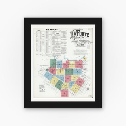 Old map wall art mockup — black gallery frame with white mat — Sanborn Fire Insurance Map from La Porte, La Porte County, Indiana (1901) - Complete Map Set