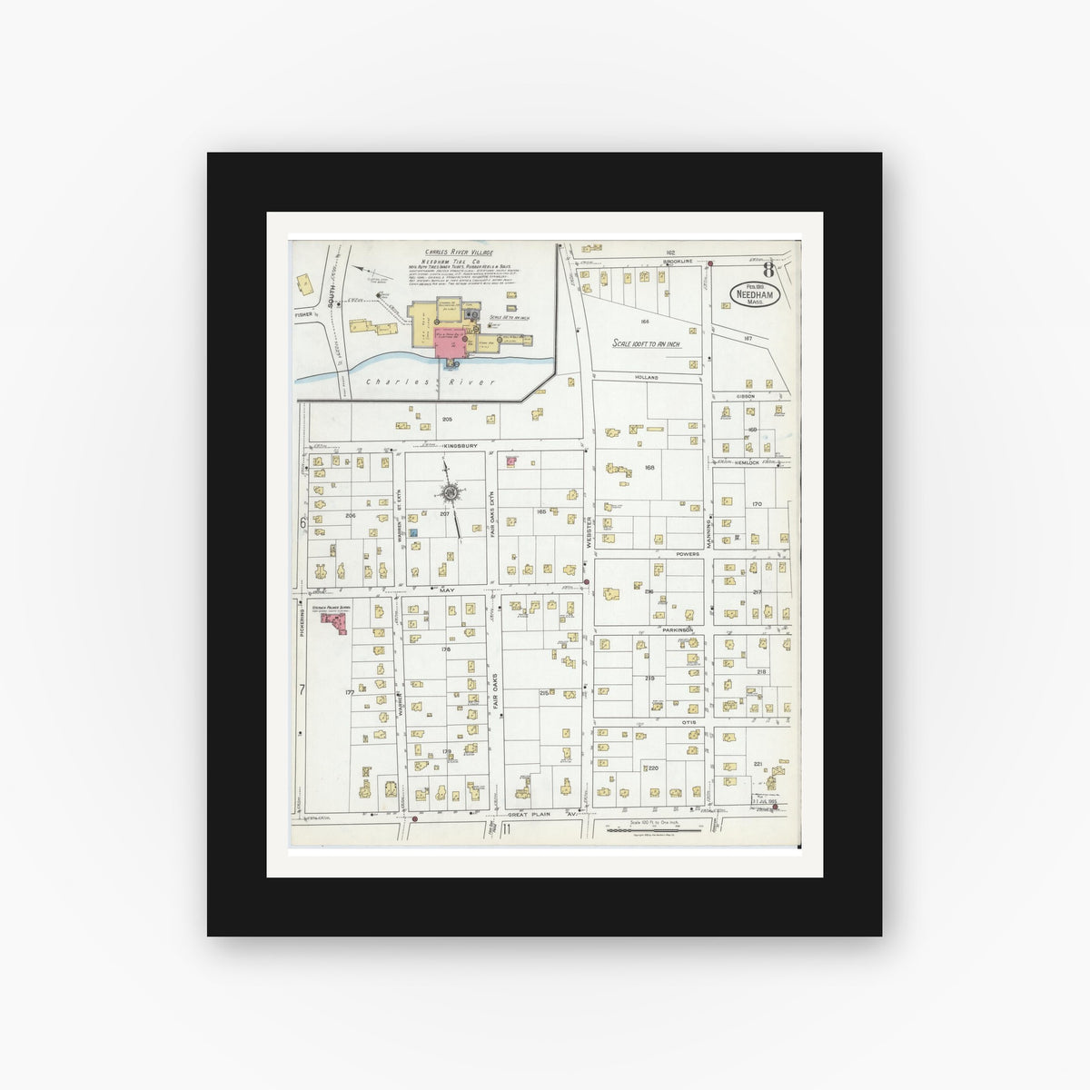 Old map wall art mockup — black gallery frame with white mat — Sanborn Fire Insurance Map from Needham, Norfolk County, Massachusetts (1919), Sheet #0008