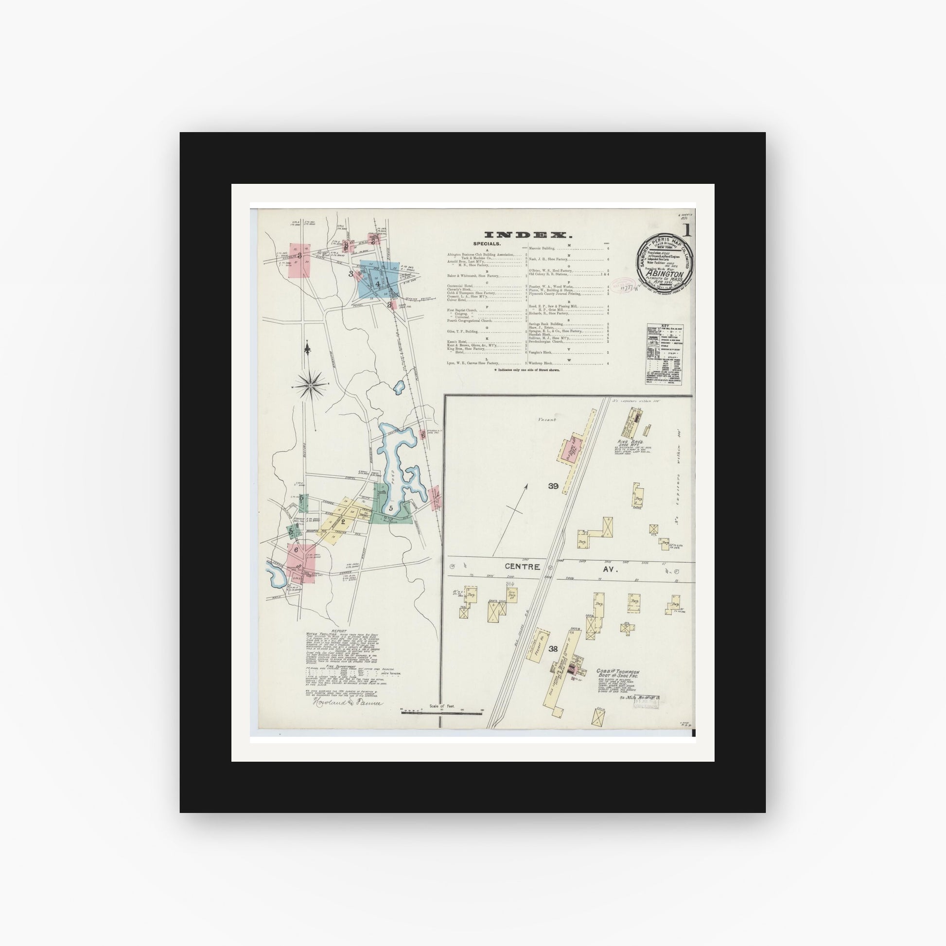 Old map wall art mockup — black gallery frame with white mat — Sanborn Fire Insurance Map from Abington, Plymouth County, Massachusetts (1891) - Complete Map Set