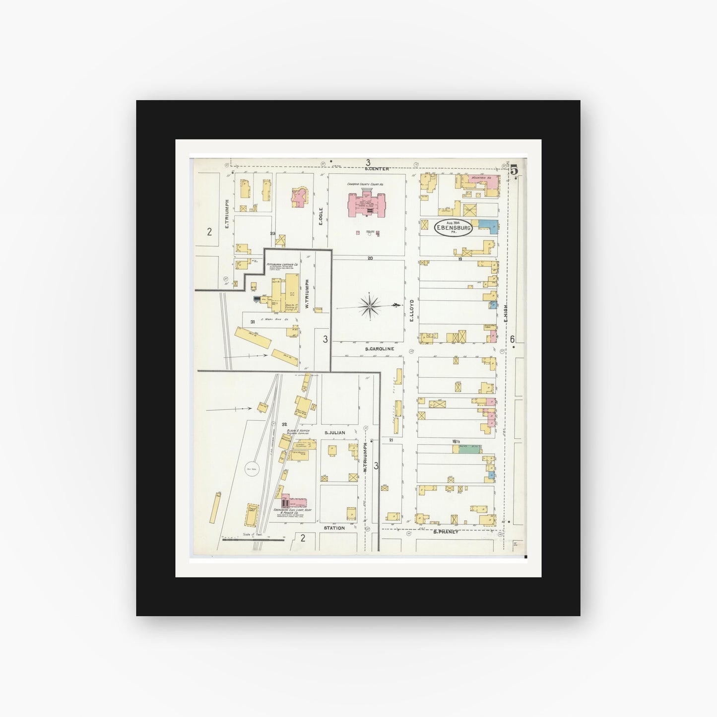 Old map wall art mockup — black gallery frame with white mat — Sanborn Fire Insurance Map from Ebensburg, Cambria County, Pennsylvania (1904), Sheet #0005
