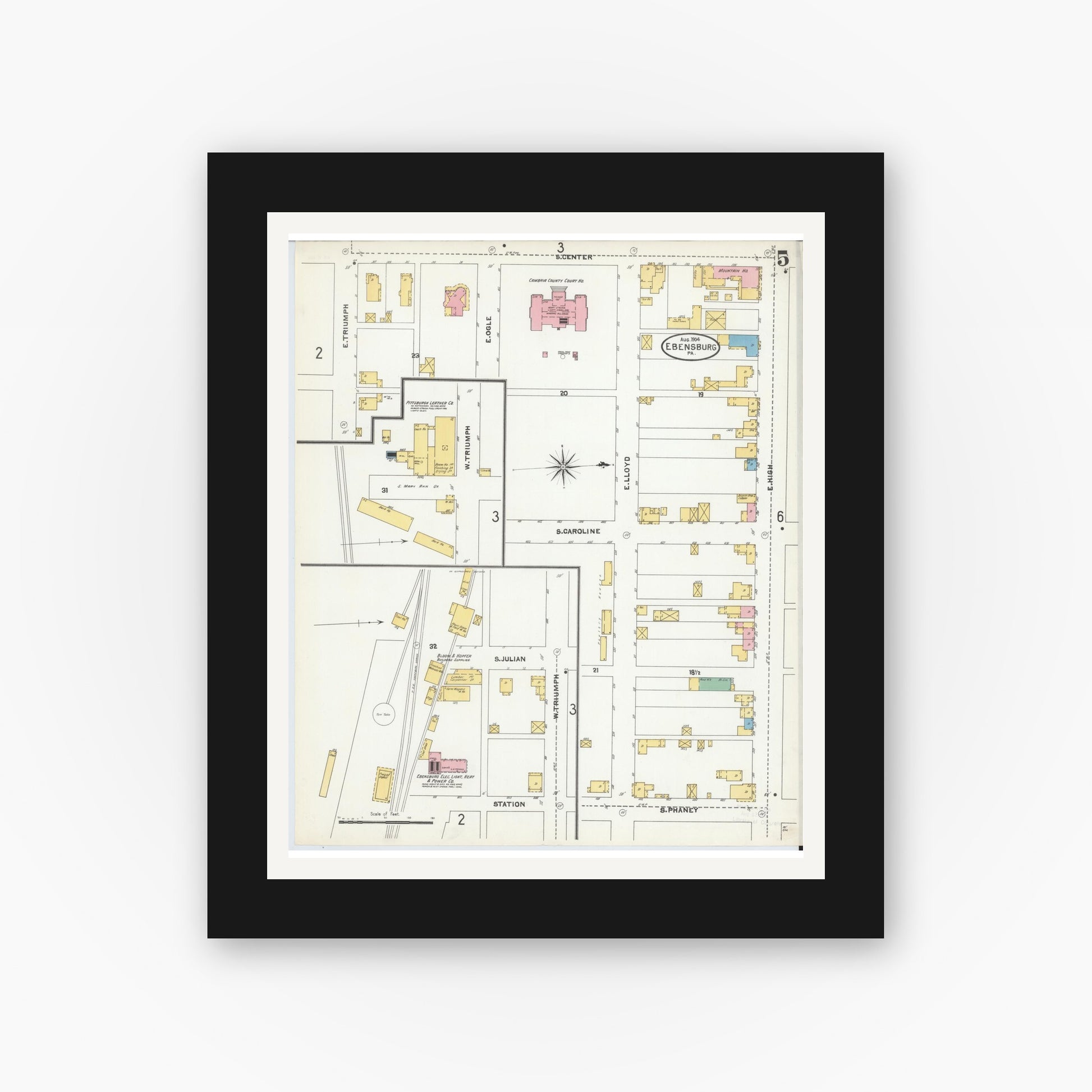 Old map wall art mockup — black gallery frame with white mat — Sanborn Fire Insurance Map from Ebensburg, Cambria County, Pennsylvania (1904), Sheet #0005