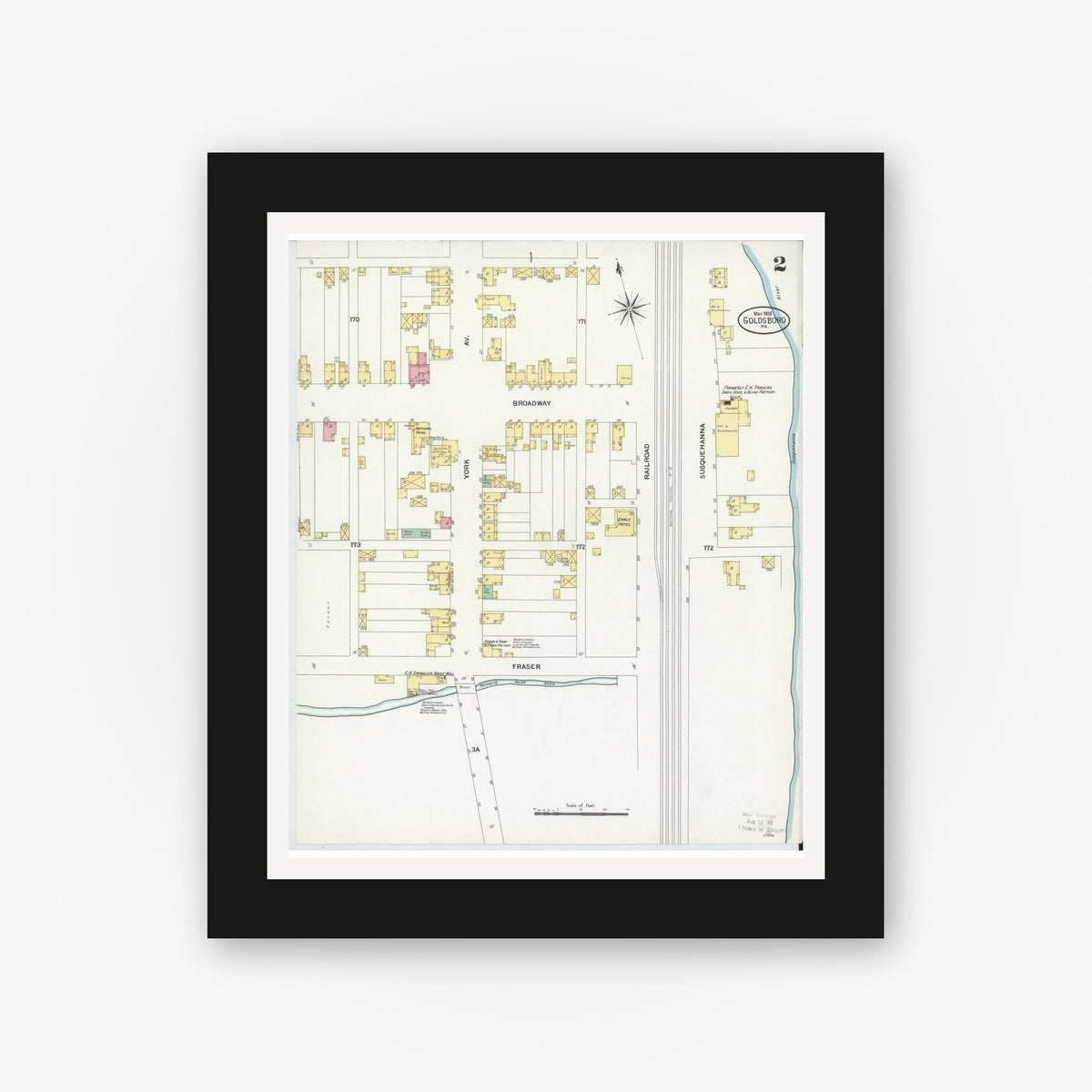 Old map wall art mockup — black gallery frame with white mat — Sanborn Fire Insurance Map from Goldsboro, York County, Pennsylvania (1908), Sheet #0002