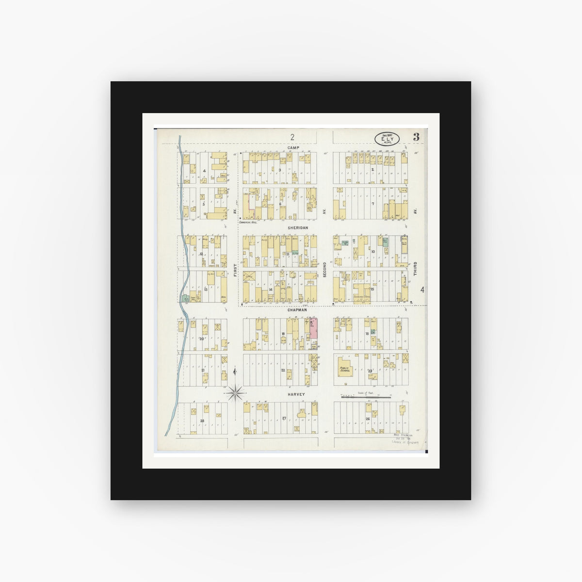 Old map wall art mockup — black gallery frame with white mat — Sanborn Fire Insurance Map from Ely, Saint Louis County, Minnesota (1897), Sheet #0003