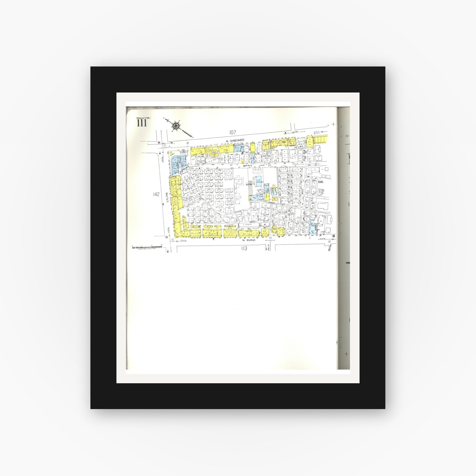 Old map wall art mockup — black gallery frame with white mat — Sanborn Fire Insurance Map from Honolulu, Oahu County, Hawaii (1955), Sheet #0111