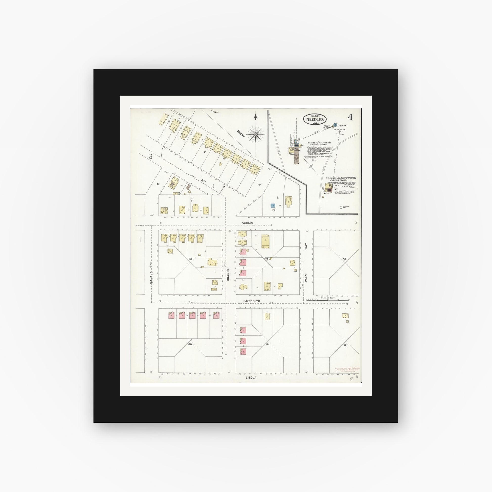 Old map wall art mockup — black gallery frame with white mat — Sanborn Fire Insurance Map from Needles, San Bernardino County, California (1901), Sheet #0004