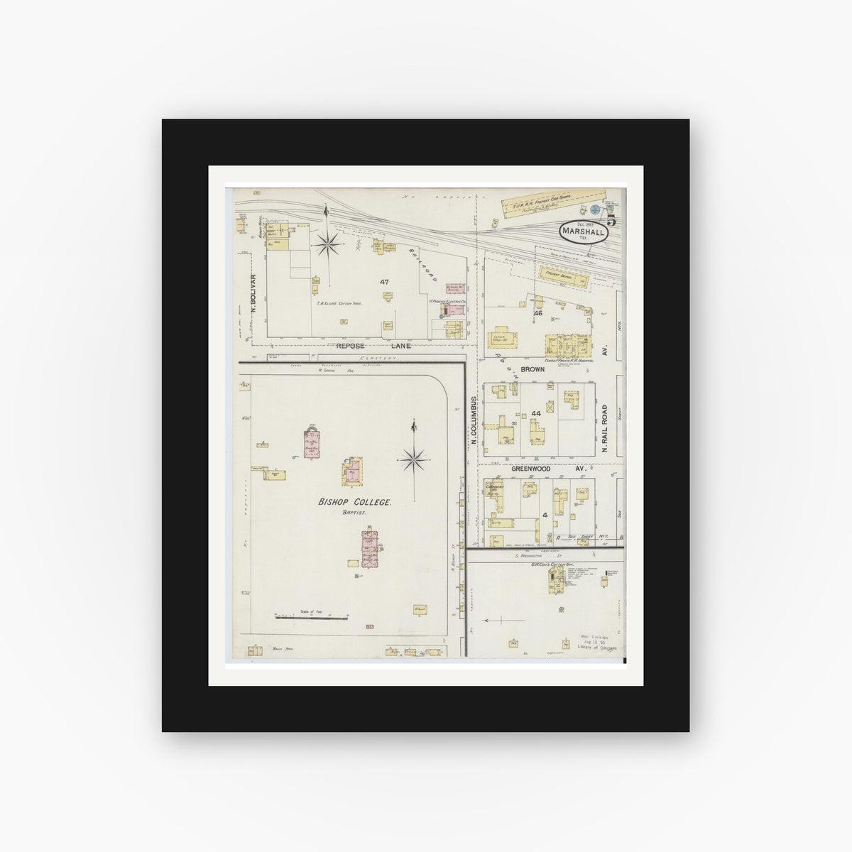 Old map wall art mockup — black gallery frame with white mat — Sanborn Fire Insurance Map from Marshall, Harrison County, Texas (1889), Sheet #0005