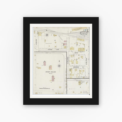 Old map wall art mockup — black gallery frame with white mat — Sanborn Fire Insurance Map from Marshall, Harrison County, Texas (1889), Sheet #0005