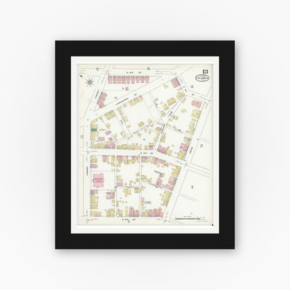 Old map wall art mockup — black gallery frame with white mat — Sanborn Fire Insurance Map from Columbia, Lancaster County, Pennsylvania (1909), Sheet #0013