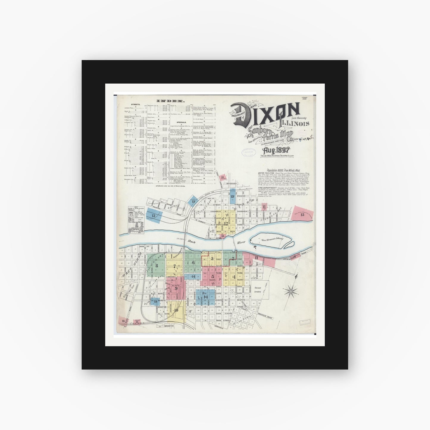 Old map wall art mockup — black gallery frame with white mat — Sanborn Fire Insurance Map from Dixon, Lee County, Illinois (1897) - Complete Map Set