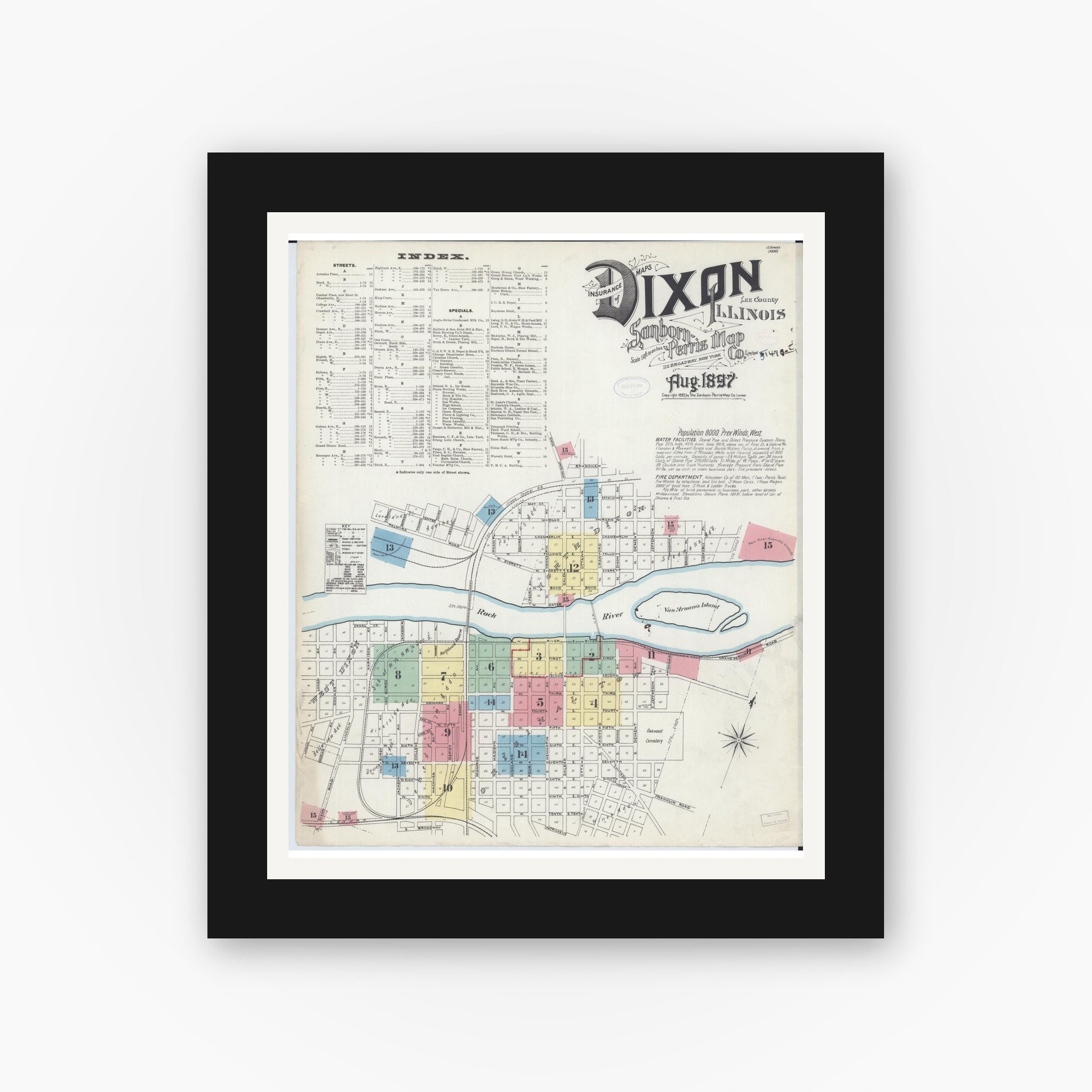 Old map wall art mockup — black gallery frame with white mat — Sanborn Fire Insurance Map from Dixon, Lee County, Illinois (1897) - Complete Map Set