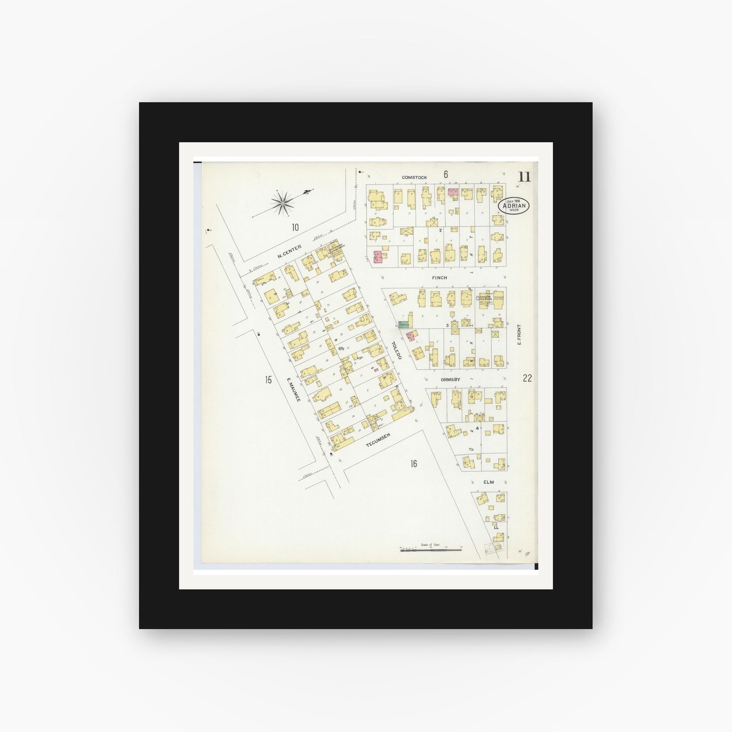 Old map wall art mockup — black gallery frame with white mat — Sanborn Fire Insurance Map from Adrian, Lenawee County, Michigan (1908), Sheet #0011