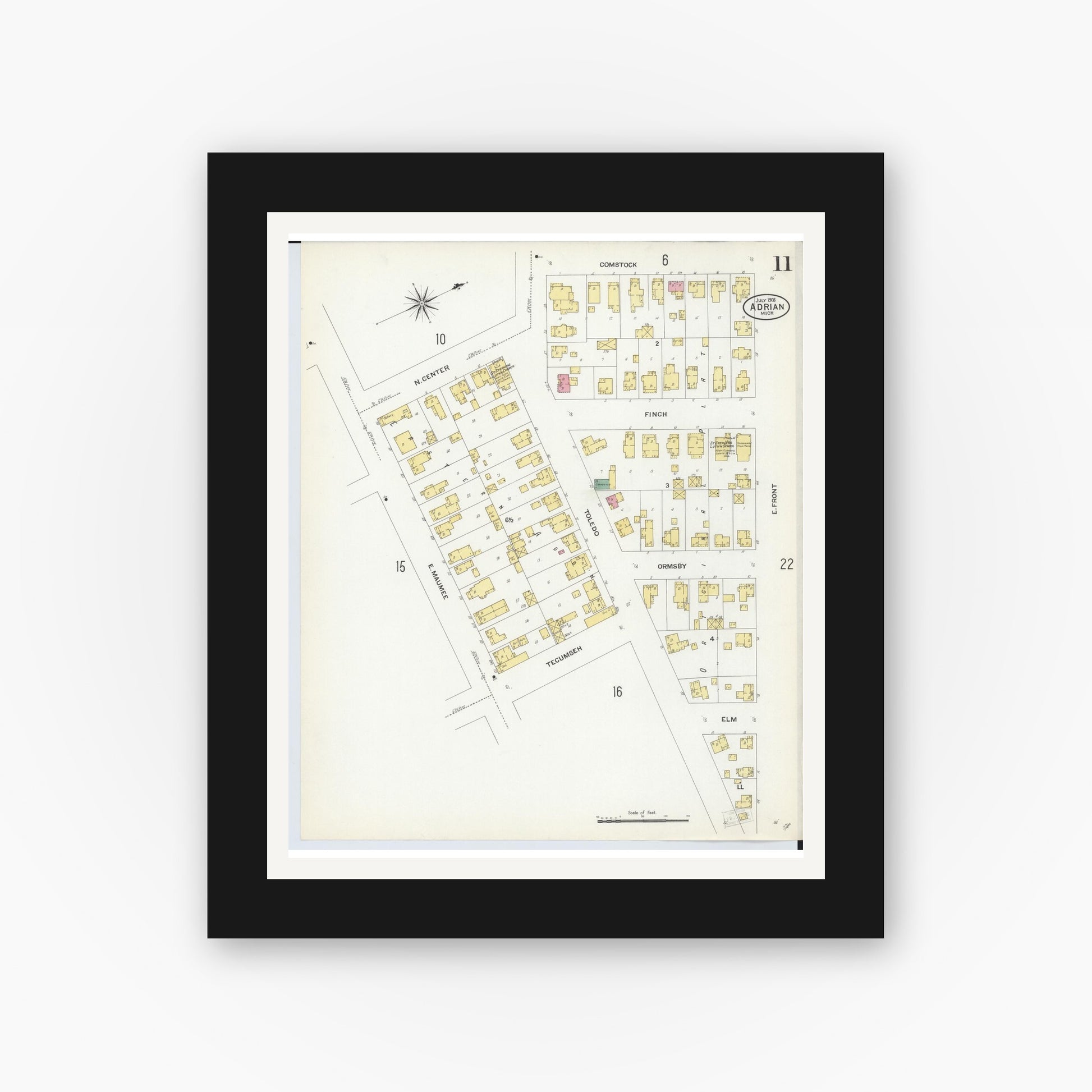 Old map wall art mockup — black gallery frame with white mat — Sanborn Fire Insurance Map from Adrian, Lenawee County, Michigan (1908), Sheet #0011