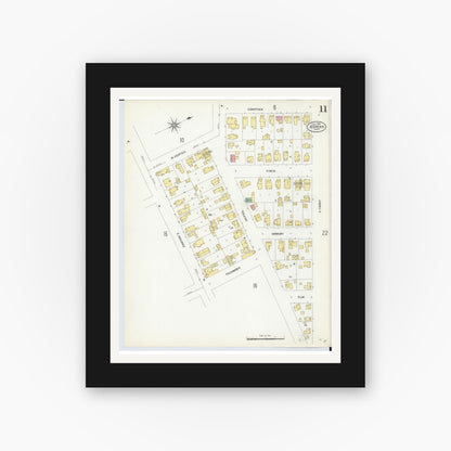 Old map wall art mockup — black gallery frame with white mat — Sanborn Fire Insurance Map from Adrian, Lenawee County, Michigan (1908), Sheet #0011