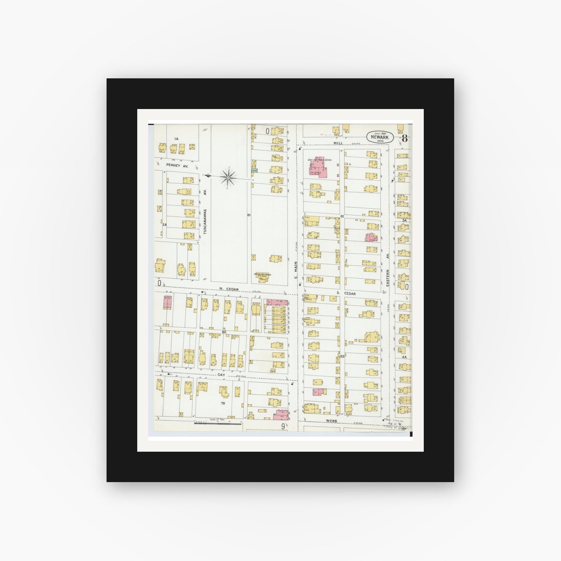 Old map wall art mockup — black gallery frame with white mat — Sanborn Fire Insurance Map from Newark, Licking County, Ohio (1899), Sheet #0008