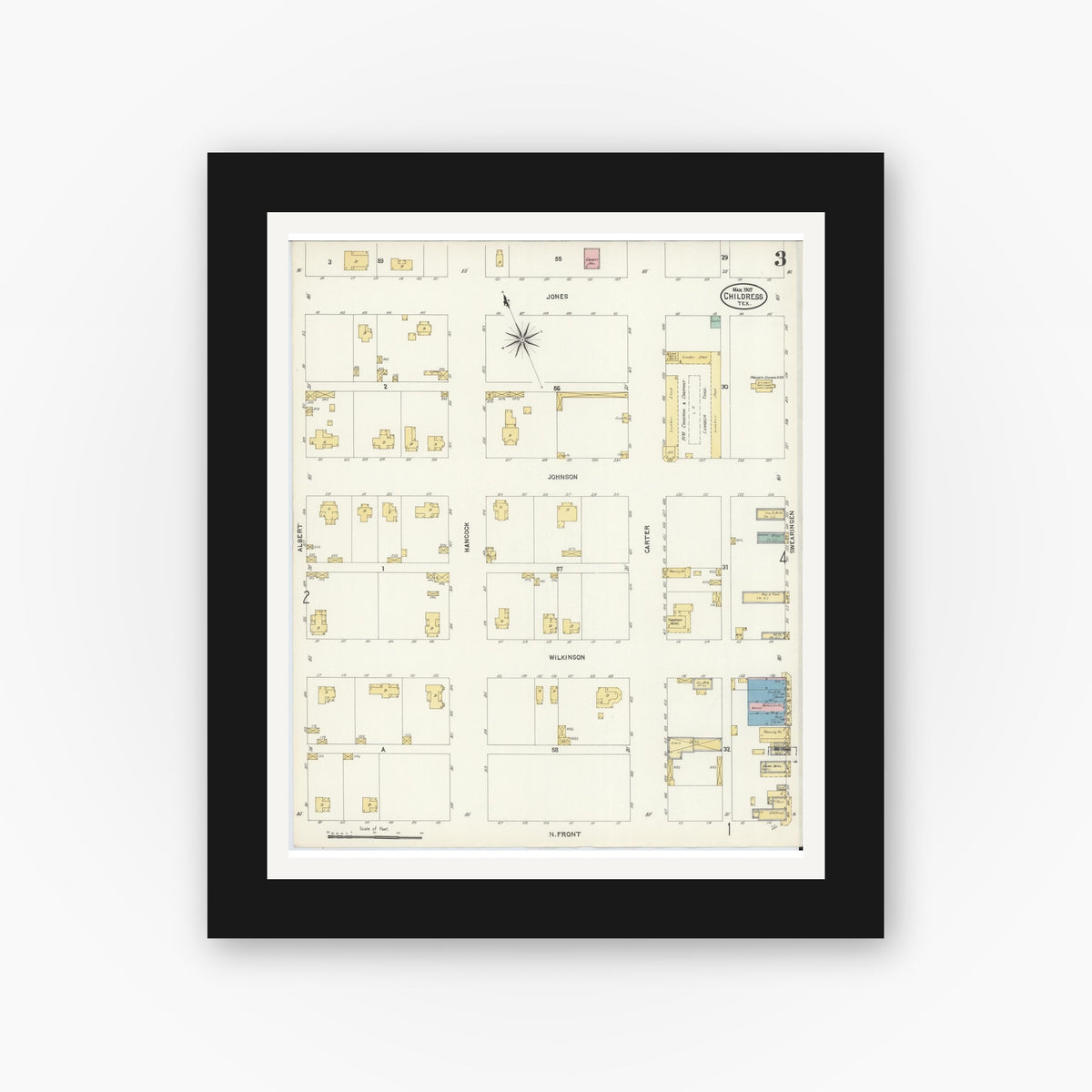 Old map wall art mockup — black gallery frame with white mat — Sanborn Fire Insurance Map from Childress, Childress County, Texas (1907), Sheet #0003