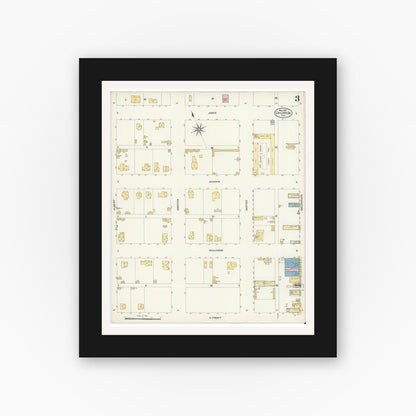 Old map wall art mockup — black gallery frame with white mat — Sanborn Fire Insurance Map from Childress, Childress County, Texas (1907), Sheet #0003