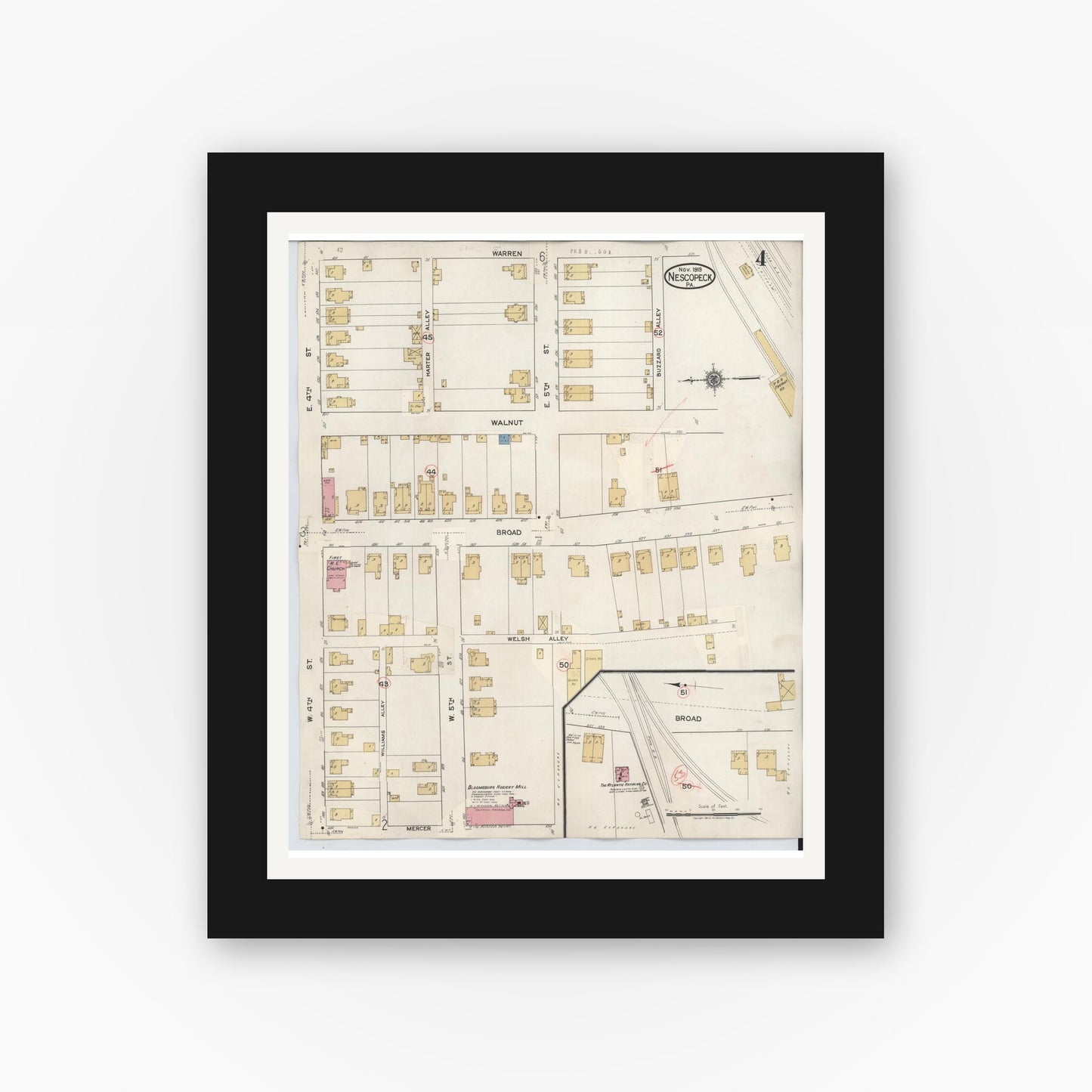 Old map wall art mockup — black gallery frame with white mat — Sanborn Fire Insurance Map from Nescopeck, Luzerne County, Pennsylvania (1936), Sheet #0004