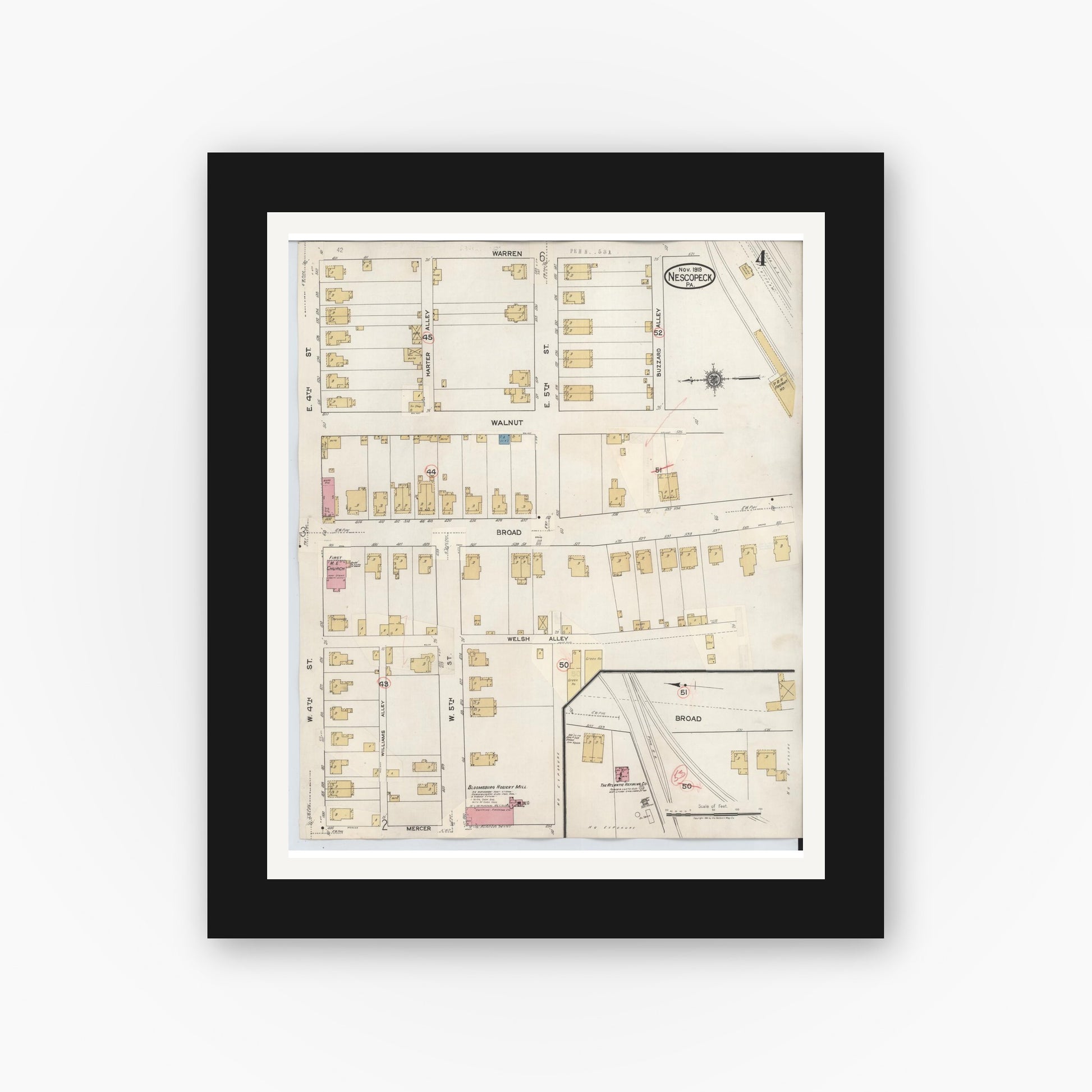 Old map wall art mockup — black gallery frame with white mat — Sanborn Fire Insurance Map from Nescopeck, Luzerne County, Pennsylvania (1936), Sheet #0004
