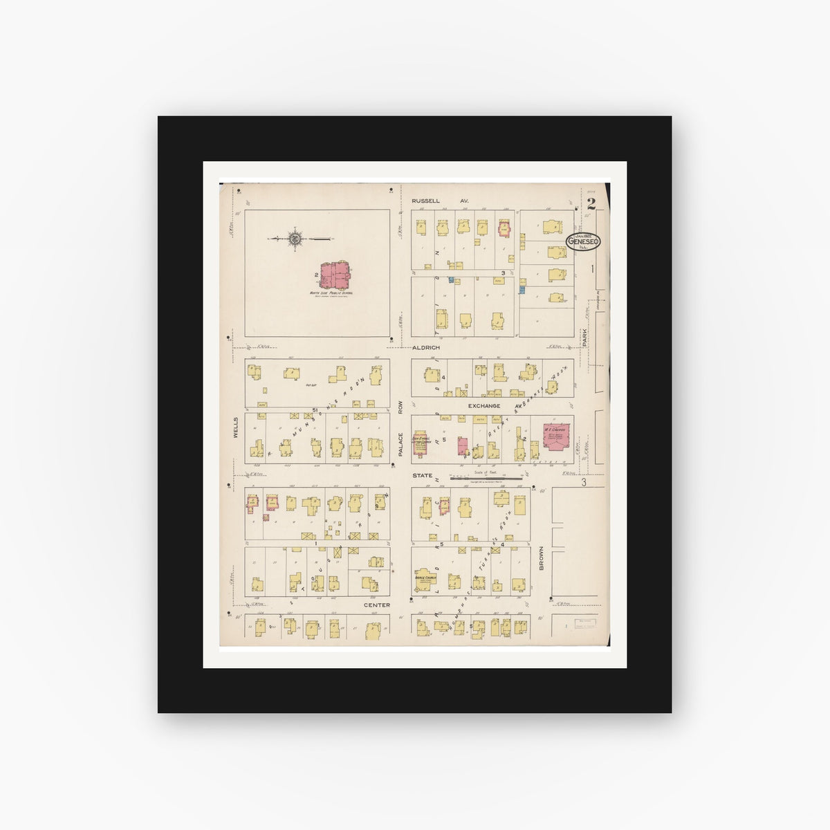 Old map wall art mockup — black gallery frame with white mat — Sanborn Fire Insurance Map from Geneseo, Henry County, Illinois (1922), Sheet #0002