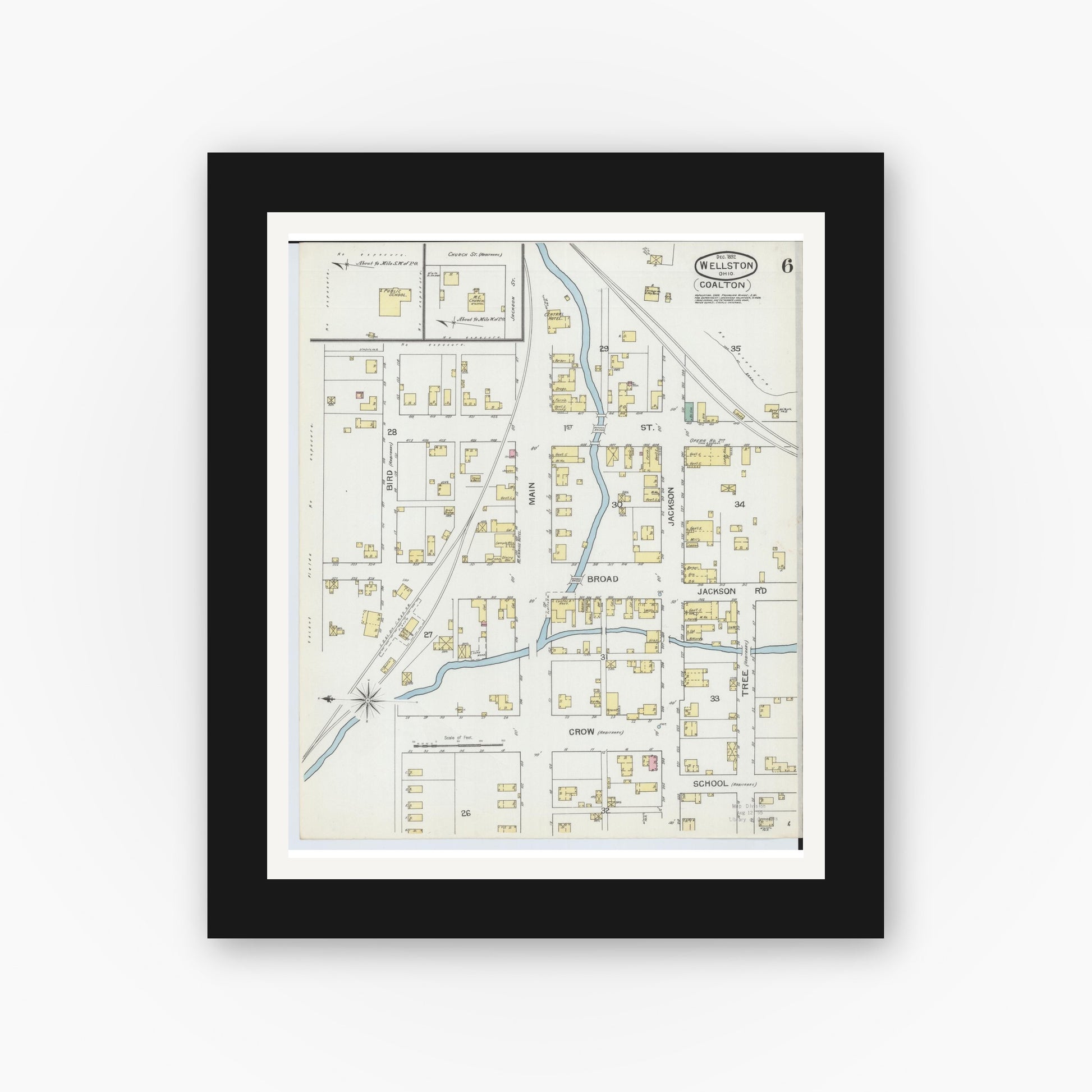 Old map wall art mockup — black gallery frame with white mat — Sanborn Fire Insurance Map from Wellston, Jackson County, Ohio (1892), Sheet #0006