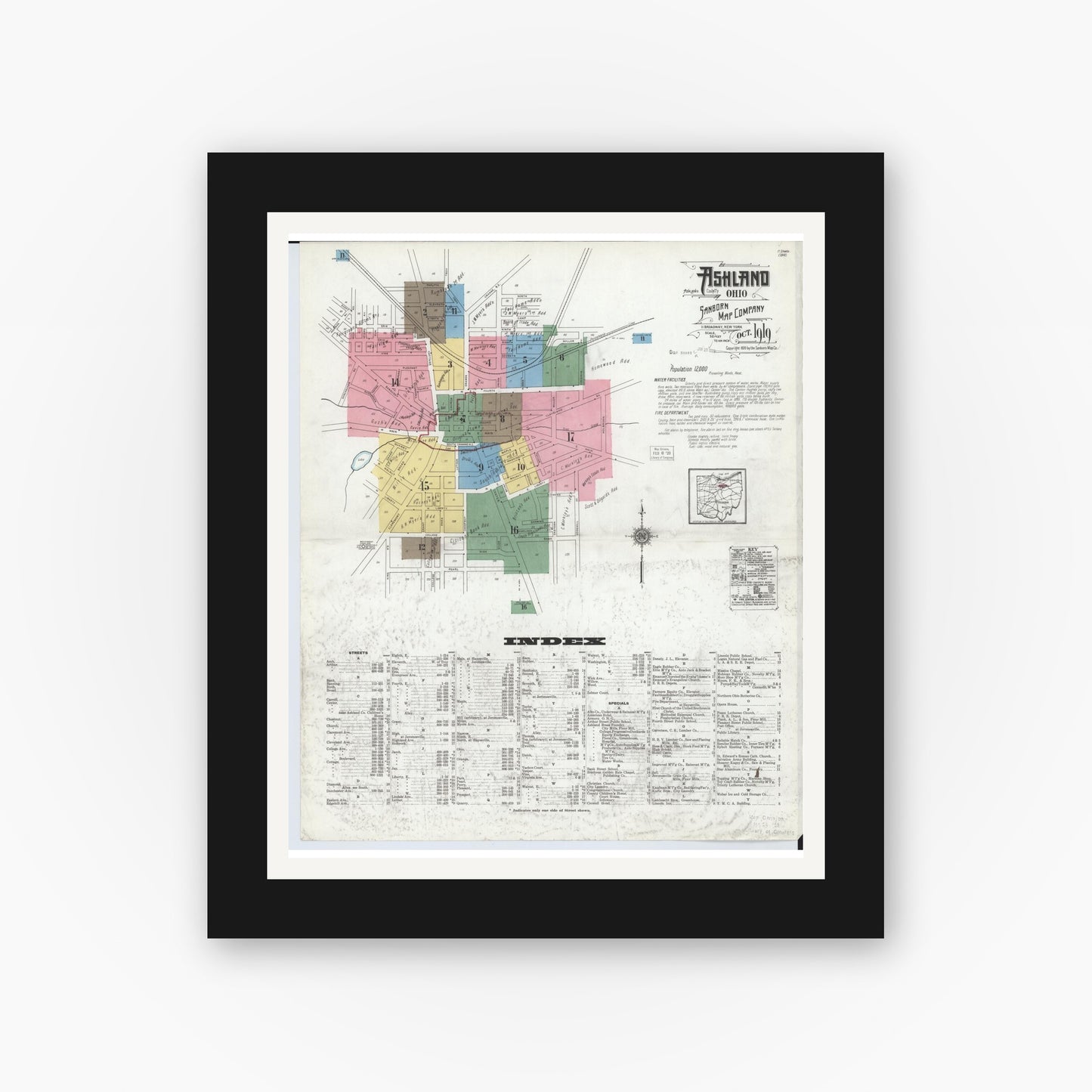 Old map wall art mockup — black gallery frame with white mat — Sanborn Fire Insurance Map from Ashland, Ashland County, Ohio (1919) - Complete Map Set