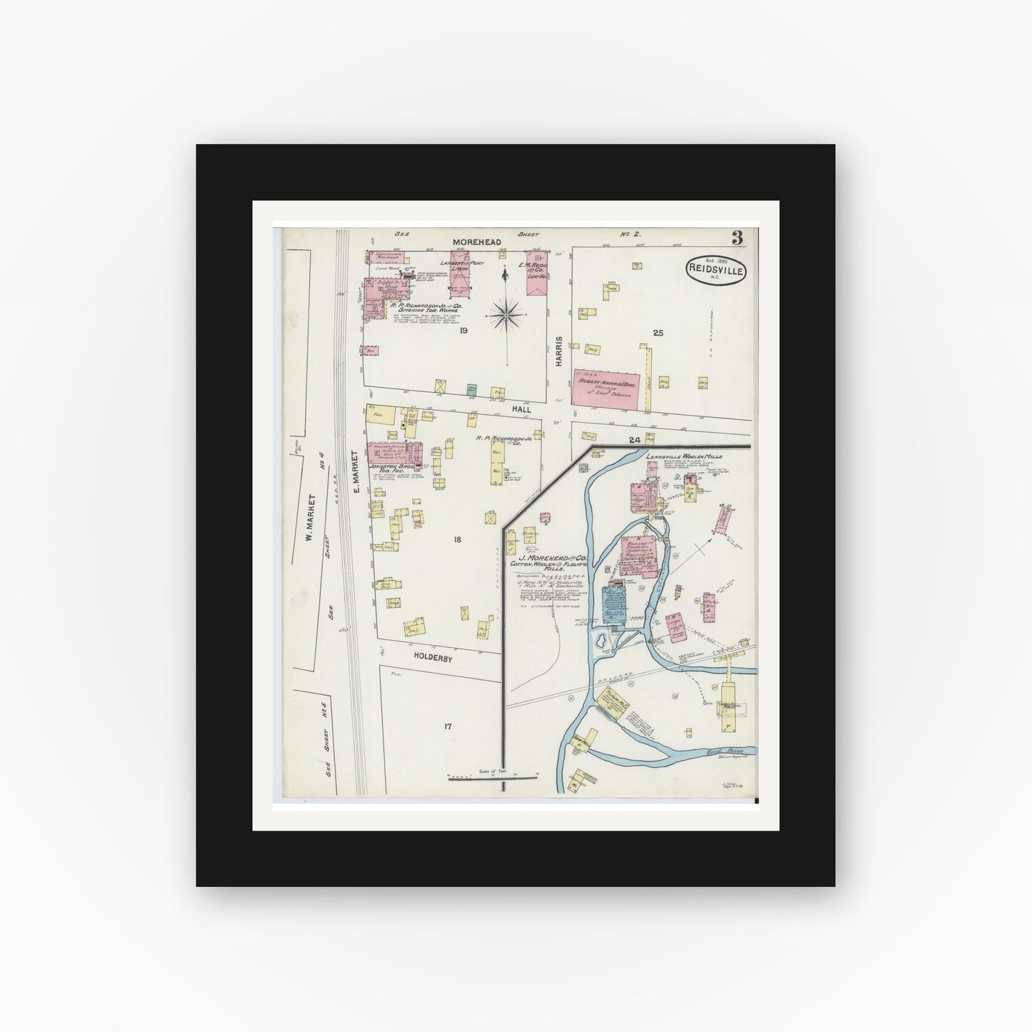 Old map wall art mockup — black gallery frame with white mat — Sanborn Fire Insurance Map from Reidsville, Rockingham County, North Carolina (1890), Sheet #0003