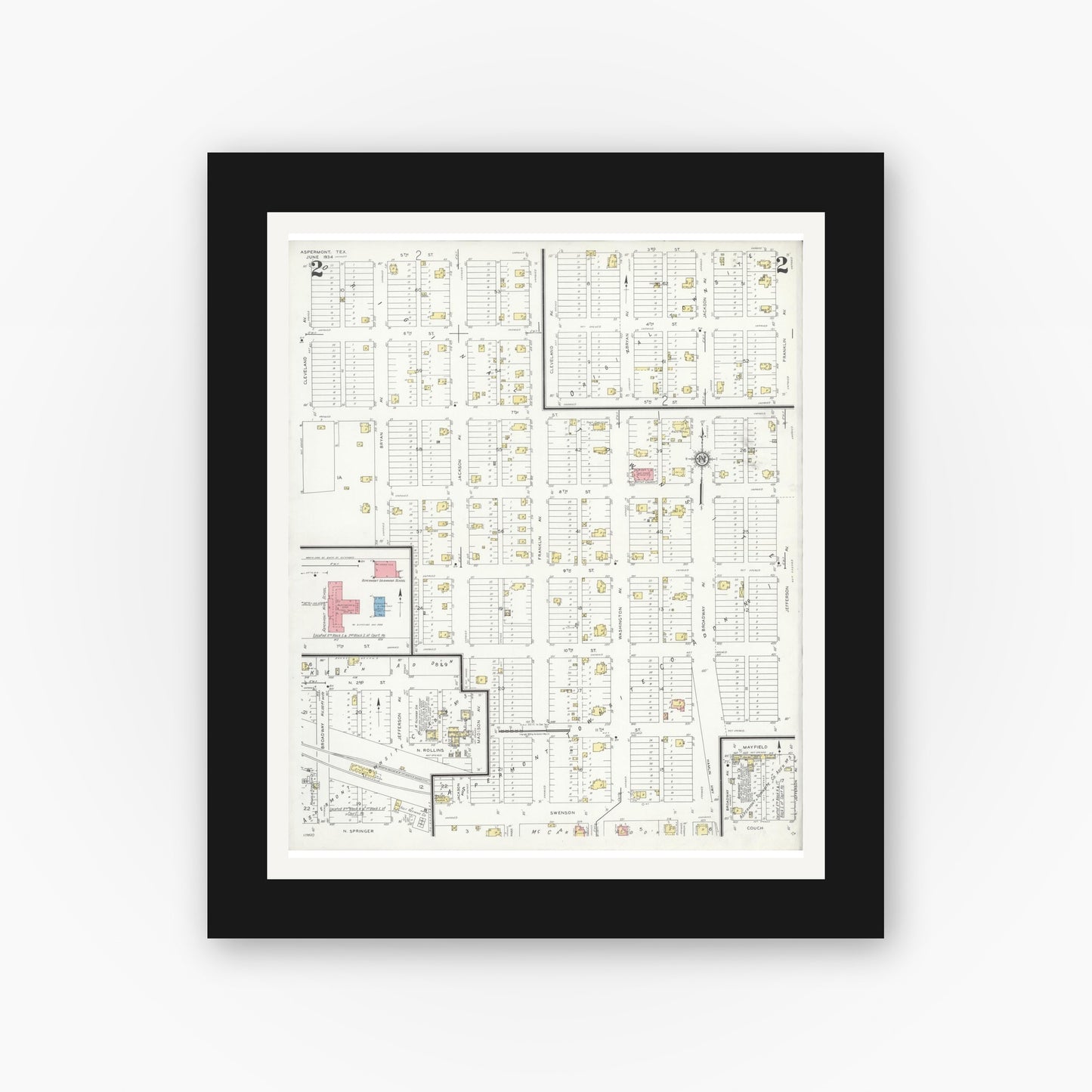 Old map wall art mockup — black gallery frame with white mat — Sanborn Fire Insurance Map from Aspermont, Stonewall County, Texas (1934), Sheet #0002