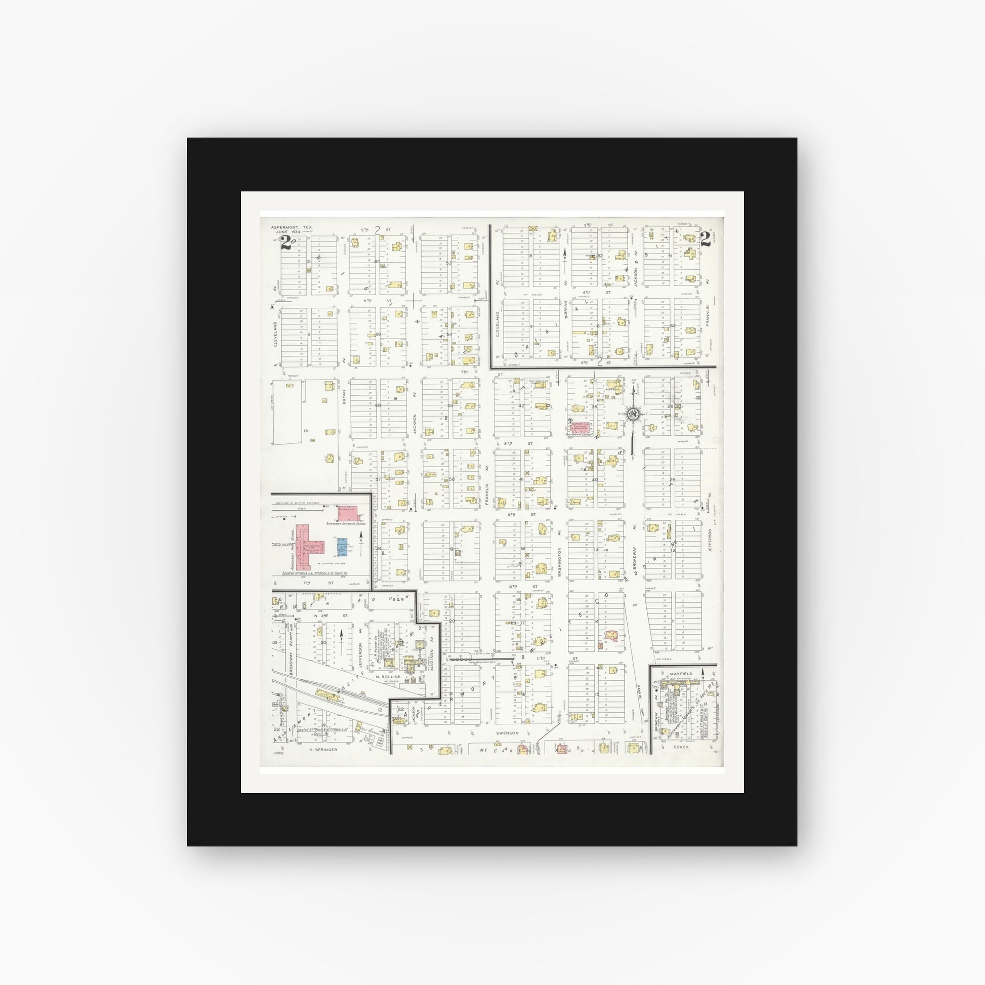Old map wall art mockup — black gallery frame with white mat — Sanborn Fire Insurance Map from Aspermont, Stonewall County, Texas (1934), Sheet #0002