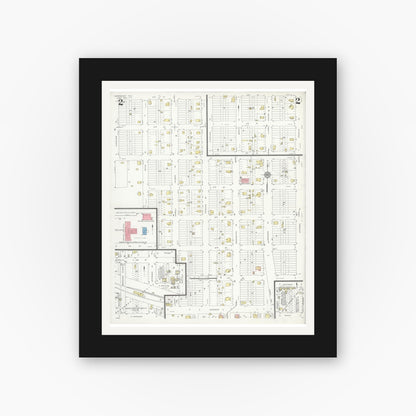 Old map wall art mockup — black gallery frame with white mat — Sanborn Fire Insurance Map from Aspermont, Stonewall County, Texas (1934), Sheet #0002