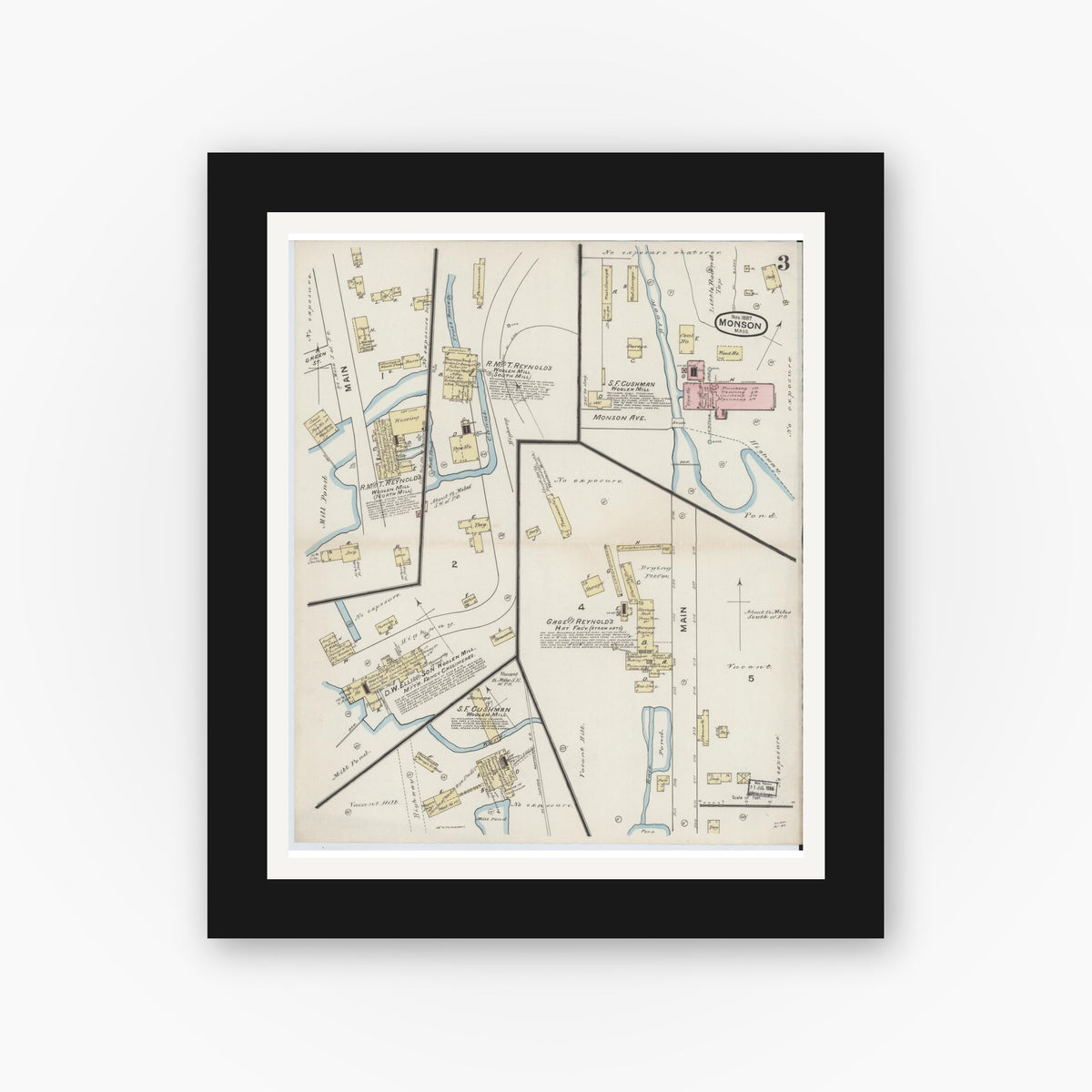 Old map wall art mockup — black gallery frame with white mat — Sanborn Fire Insurance Map from Monson, Hampden County, Massachusetts (1887), Sheet #0003