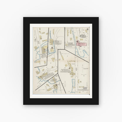 Old map wall art mockup — black gallery frame with white mat — Sanborn Fire Insurance Map from Monson, Hampden County, Massachusetts (1887), Sheet #0003