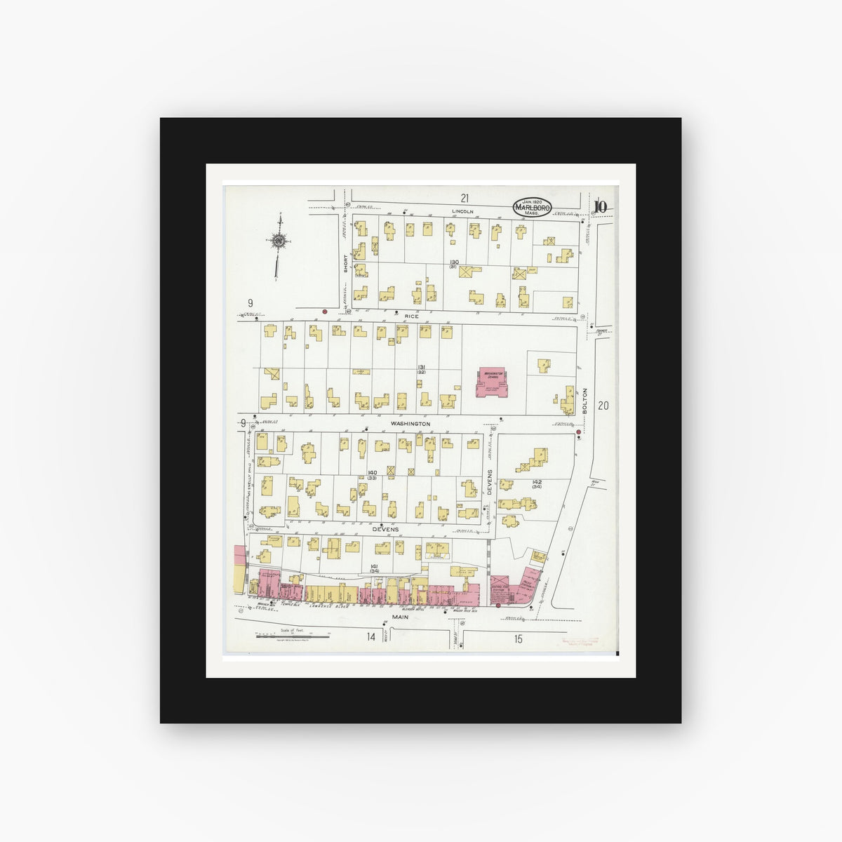 Old map wall art mockup — black gallery frame with white mat — Sanborn Fire Insurance Map from Marlborough, Middlesex County, Massachusetts (1920), Sheet #0010