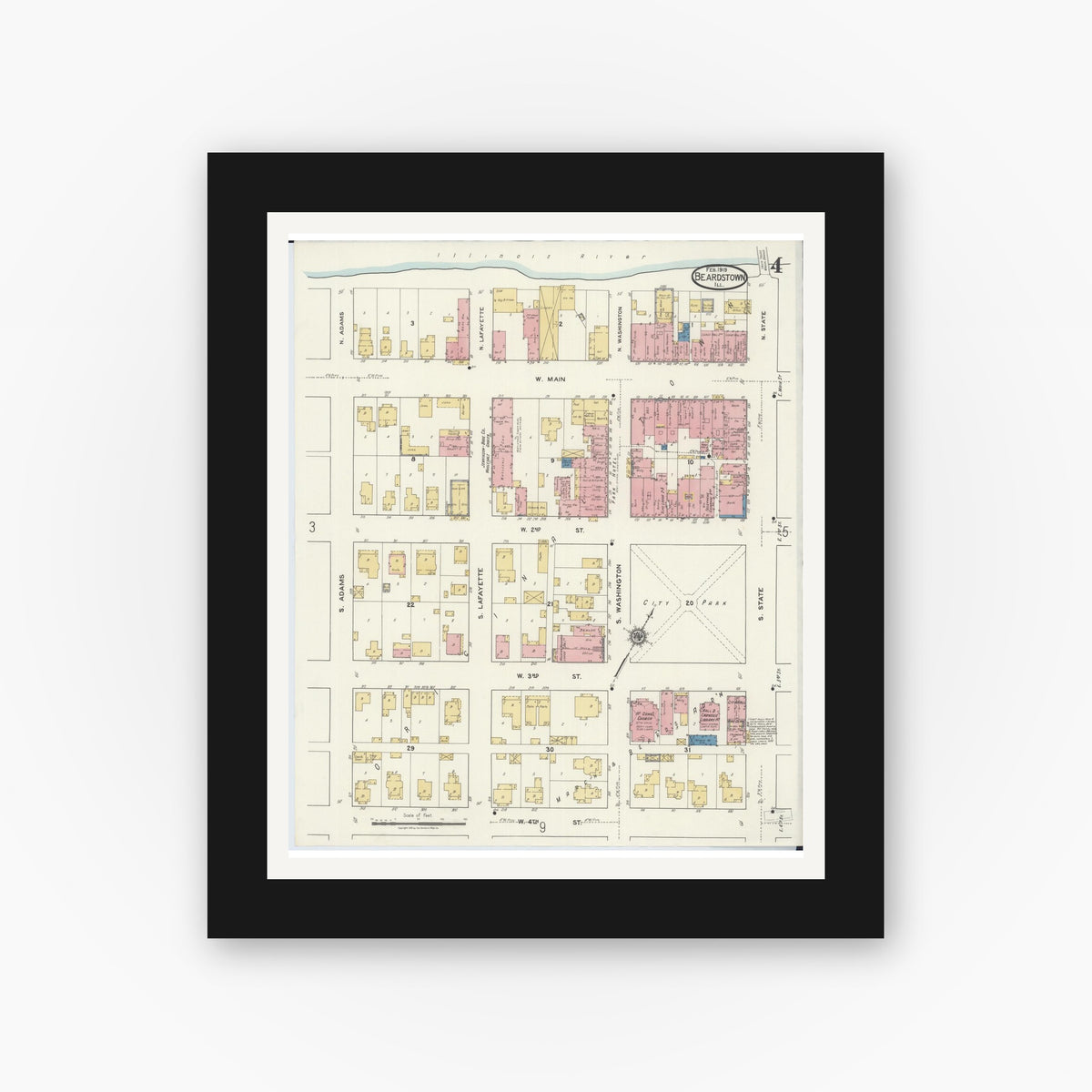 Old map wall art mockup — black gallery frame with white mat — Sanborn Fire Insurance Map from Beardstown, Cass County, Illinois (1919), Sheet #0004