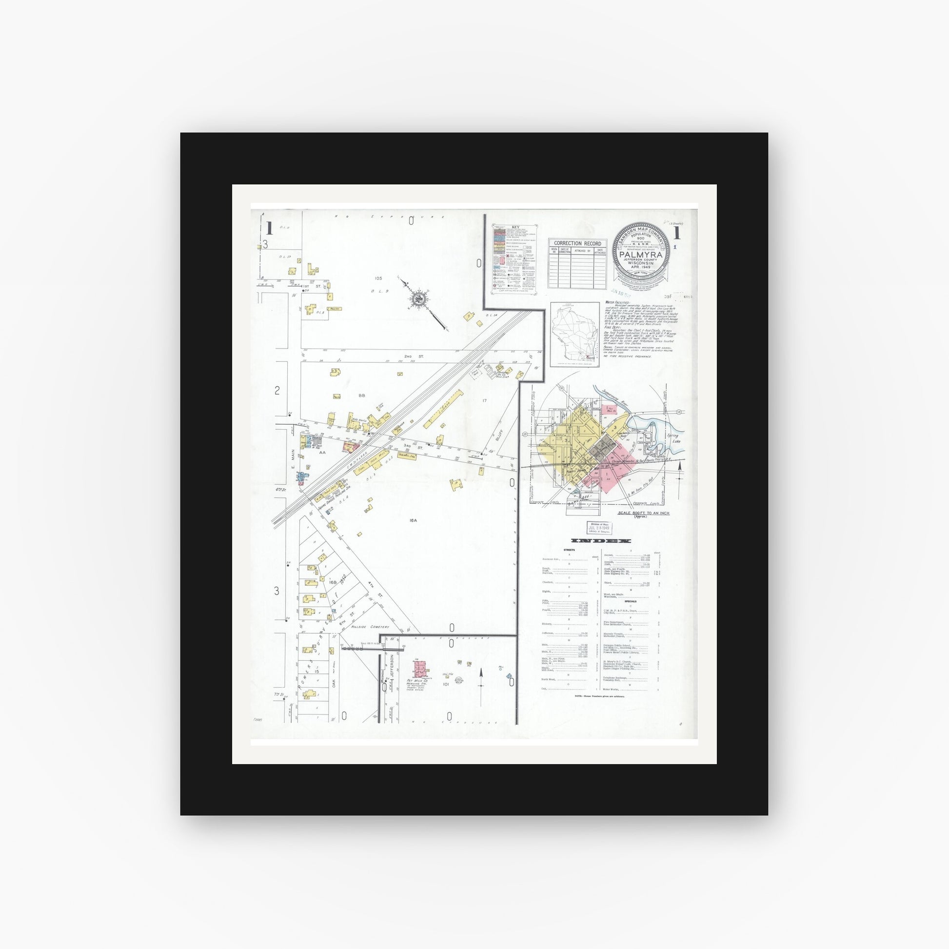Old map wall art mockup — black gallery frame with white mat — Sanborn Fire Insurance Map from Palmyra, Jefferson County, Wisconsin (1949), Sheet #0001