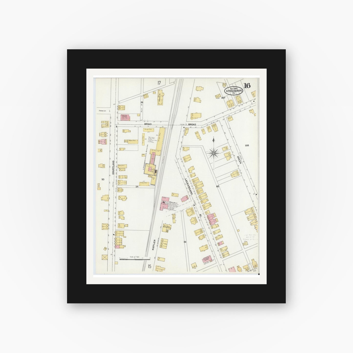 Old map wall art mockup — black gallery frame with white mat — Sanborn Fire Insurance Map from Stroudsburg, Monroe County, Pennsylvania (1905), Sheet #0016