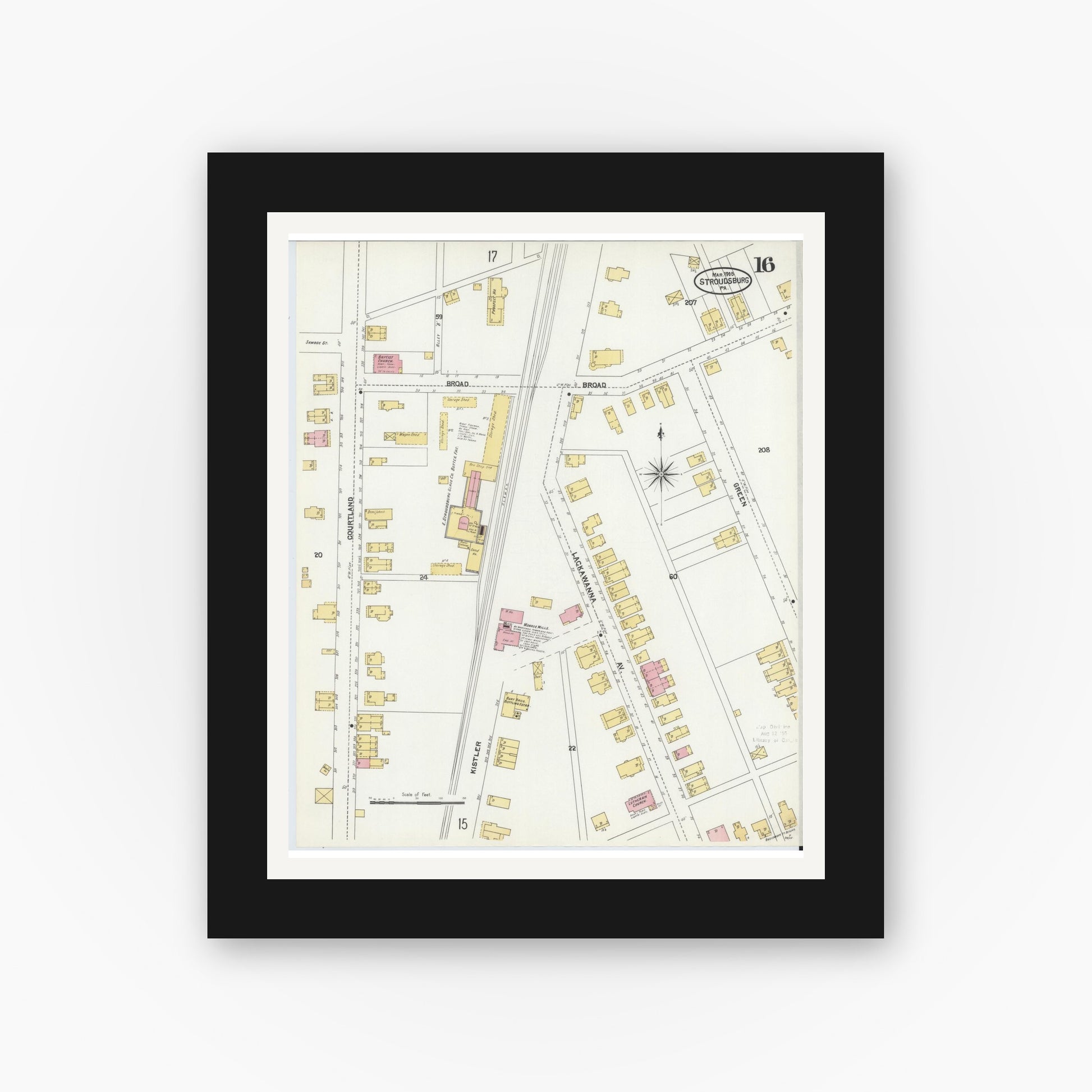 Old map wall art mockup — black gallery frame with white mat — Sanborn Fire Insurance Map from Stroudsburg, Monroe County, Pennsylvania (1905), Sheet #0016
