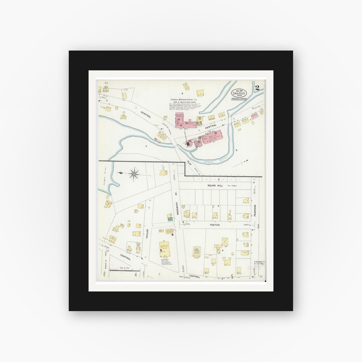 Old map wall art mockup — black gallery frame with white mat — Sanborn Fire Insurance Map from Saugus, Essex County, Massachusetts (1907), Sheet #0002