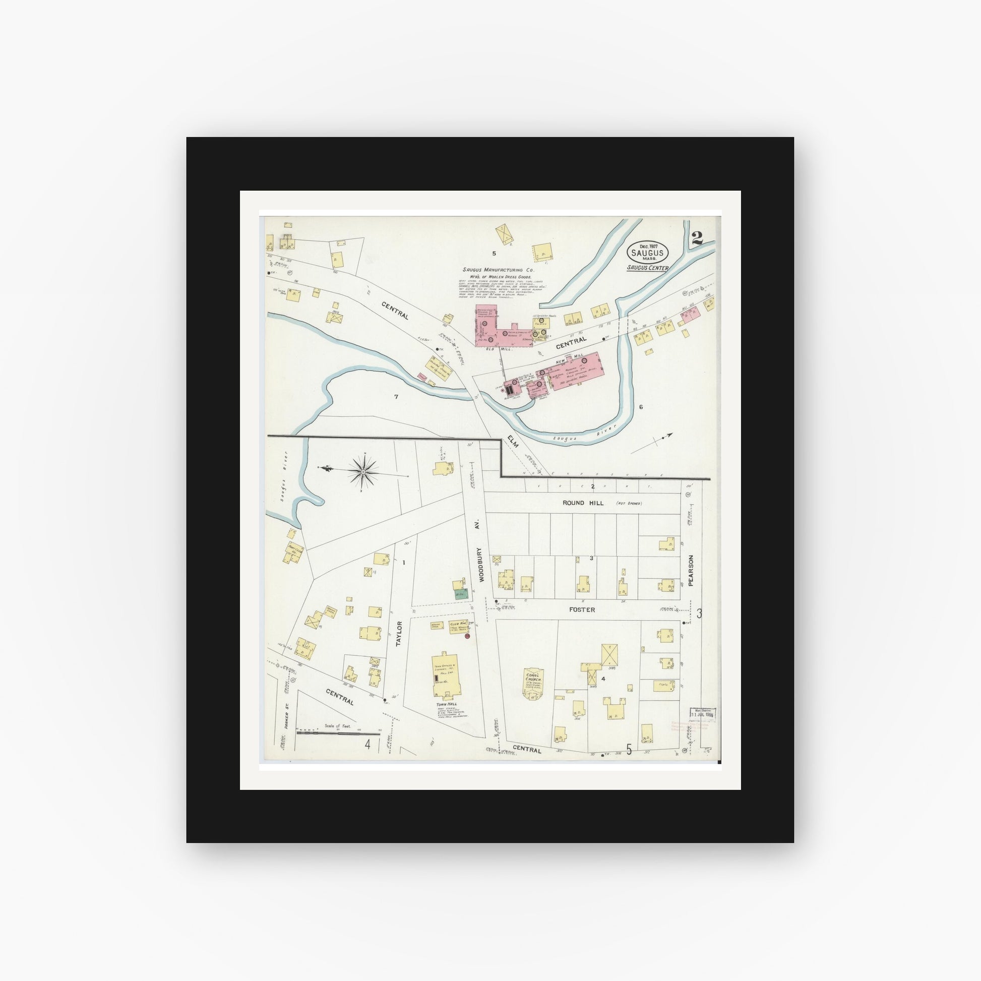 Old map wall art mockup — black gallery frame with white mat — Sanborn Fire Insurance Map from Saugus, Essex County, Massachusetts (1907), Sheet #0002