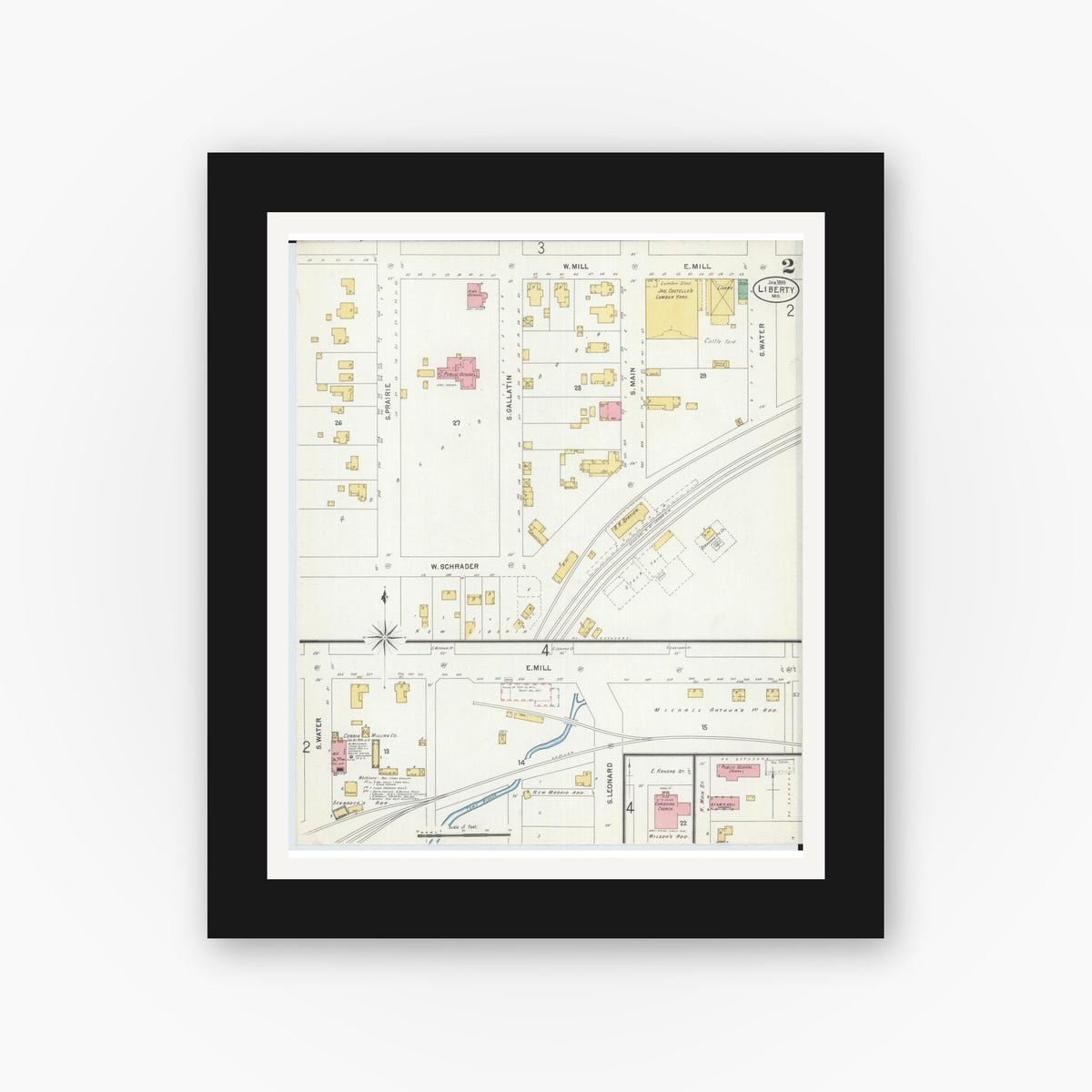 Old map wall art mockup — black gallery frame with white mat — Sanborn Fire Insurance Map from Liberty, Clay County, Missouri (1899), Sheet #0002