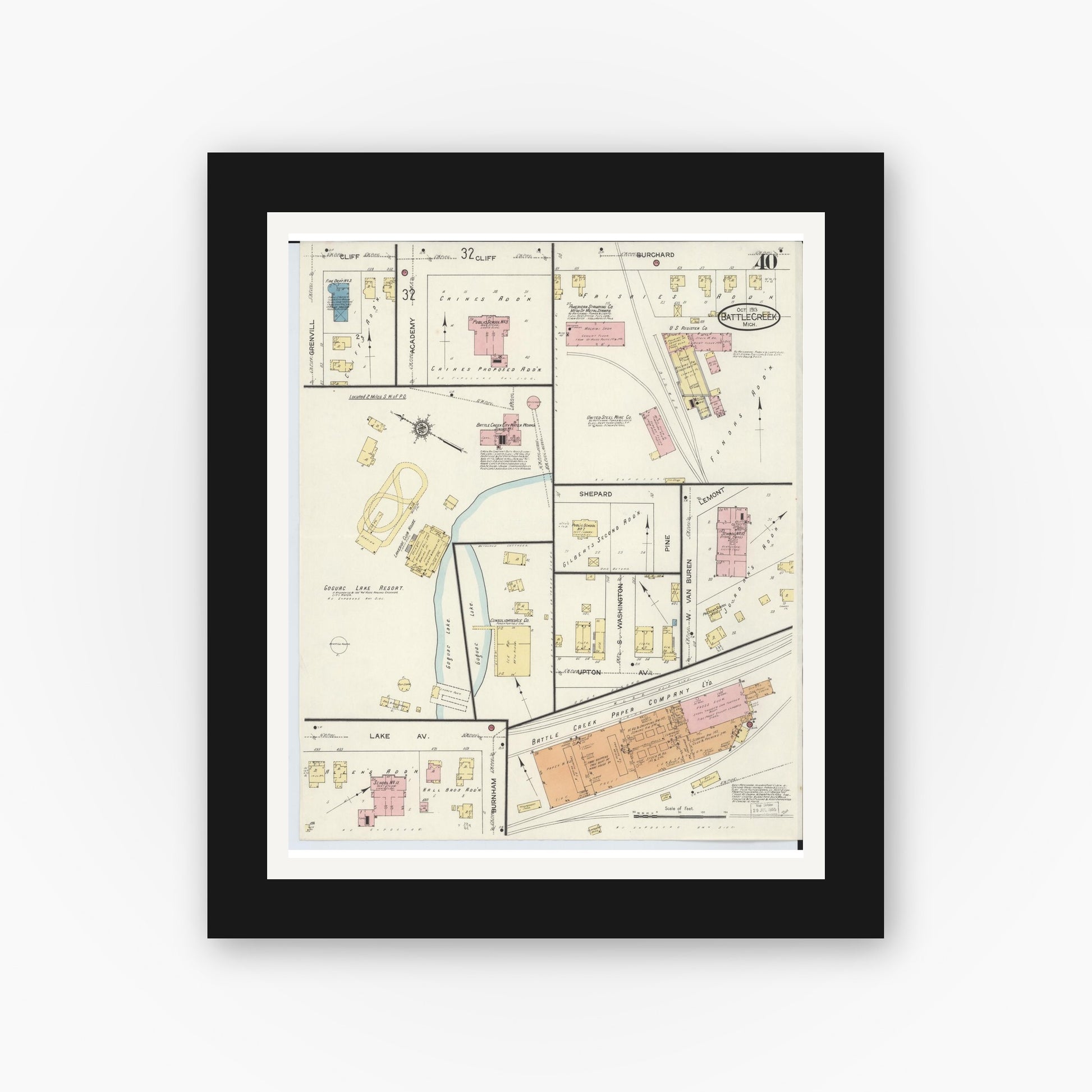 Old map wall art mockup — black gallery frame with white mat — Sanborn Fire Insurance Map from Battle Creek, Calhoun County, Michigan (1913), Sheet #0040